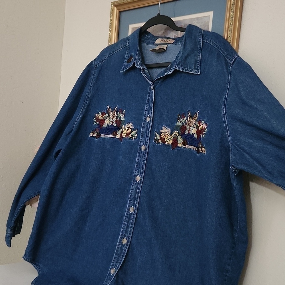 Vintage Fall Harvest Denim Top  Embroidered Autumn Pumpkin Patch Size 18 XL - Picture 3 of 11